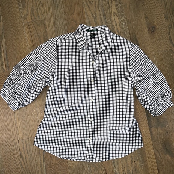 Lauren Ralph Lauren Women's Black Gingham Puff 3/4 Sleeve Button Up Shirt Sz m - Picture 2 of 6